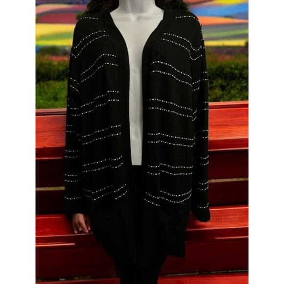 Tribekko 44 Open Cardigan 1X Sweater Cozy Black White Rayon Pockets Long Sleeves - Picture 2 of 5